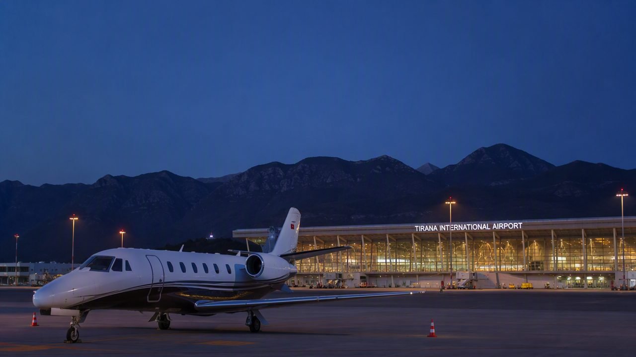 Tirana International Airport at night, private jet arrival in Albania